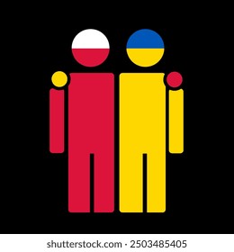 The national flags of Poland and Ukraine with embracing body. Isolated vector illustration, black background.