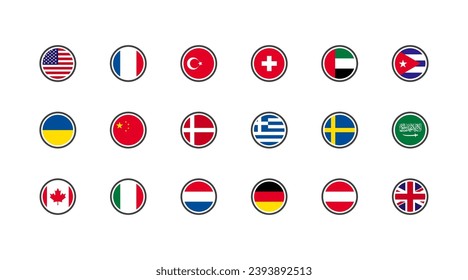 National flags of popular countries. Flat, icons symbols of country flags. National flags of countries for language design. Vector icons