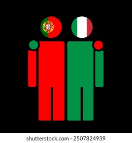 The national flags of Portugal and Italy with embracing body. Isolated vector illustration.