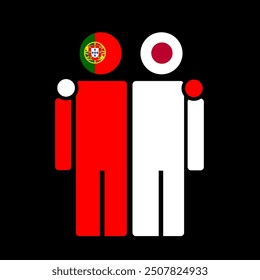 The national flags of Portugal and Japan with embracing body. Isolated vector illustration.