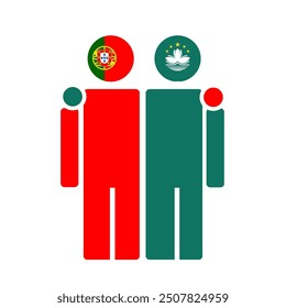 The national flags of Portugal and Macau with embracing body. Isolated vector illustration.