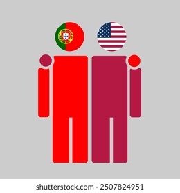 The national flags of Portugal and USA with embracing body. Isolated vector illustration.