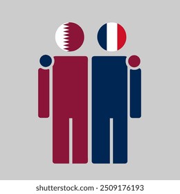 The national flags of Qatar and France with embracing body. Isolated vector illustration.