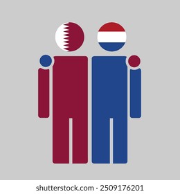 The national flags of Qatar and Netherlands with embracing body. Isolated vector illustration.