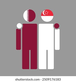 The national flags of Qatar and Singapore with embracing body. Isolated vector illustration.