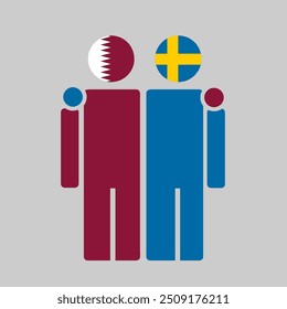 The national flags of Qatar and Sweden with embracing body. Isolated vector illustration.