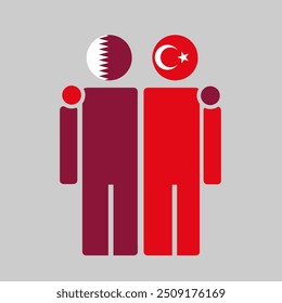 The national flags of Qatar and Turkey with embracing body. Isolated vector illustration.