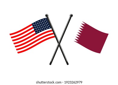 national flags of Qatar and Usa crossed on the sticks in the original colours