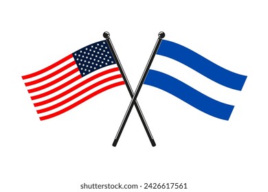 national flags of Republic of El Salvador and Usa crossed on the sticks in the original colours