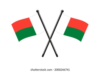 Nationalflaggen der Republik Madagaskar in den Originalfarben auf den Stöcken gekreuzt