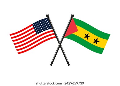 national flags of Republic of Sao Tome and Principe and Usa crossed on the sticks in the original colours