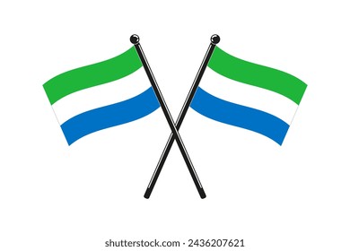 national flags of  Republic of Sierra Leone crossed on the sticks in the original colours and proportions