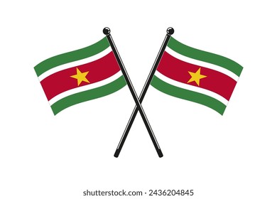 national flags of  Republic of Suriname crossed on the sticks in the original colours and proportions