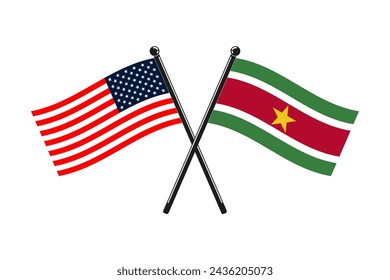 national flags of Republic of Suriname and Usa crossed on the sticks in the original colours