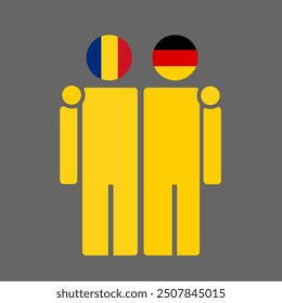 The national flags of Romania and Germany with embracing body. Isolated vector illustration.