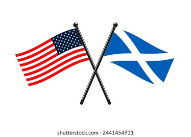 national flags of Scotland and Usa crossed on the sticks in the original colours