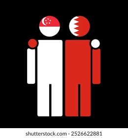 The national flags of Singapore and Bahrain with embracing body. Isolated vector illustration.