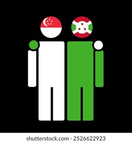 The national flags of Singapore and Burundi with embracing body. Isolated vector illustration.
