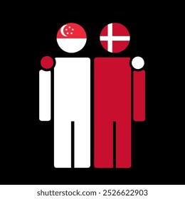 The national flags of Singapore and Denmark with embracing body. Isolated vector illustration.