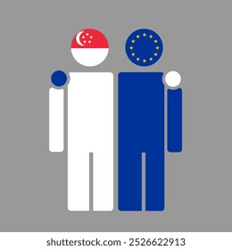 As bandeiras nacionais de Singapura e da UE com o corpo abraçando. Ilustração isolada de vetor.