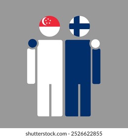 Las banderas nacionales de Singapur y Finlandia con cuerpo abrazador. Ilustración vectorial aislada.