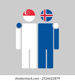 The national flags of Singapore and Iceland with embracing body. Isolated vector illustration.