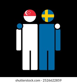 The national flags of Singapore and Sweden with embracing body. Isolated vector illustration.