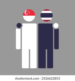 The national flags of Singapore and Thailand with embracing body. Isolated vector illustration.