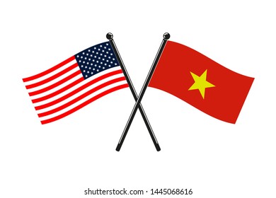 national flags of Socialist Republic of Vietnam and Usa crossed on the sticks in the original colours