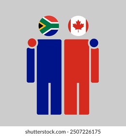 The national flags of South Afirca and Canada with embracing body. Isolated vector illustration, gray background.