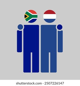 The national flags of South Africa and Netherlands with embracing body. Isolated vector illustration, gray background.