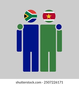 The national flags of South Africa and Suriname with embracing body. Isolated vector illustration, gray background.