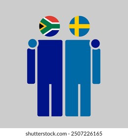 The national flags of South Africa and Sweden with embracing body. Isolated vector illustration, gray background.