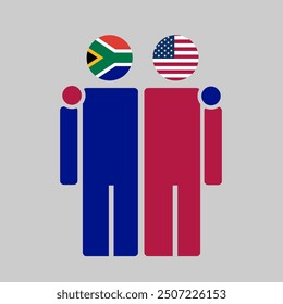 The national flags of South Africa and USA with embracing body. Isolated vector illustration, gray background.