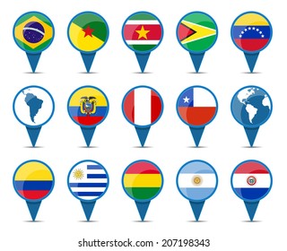 National flags of south America states in sign shape design