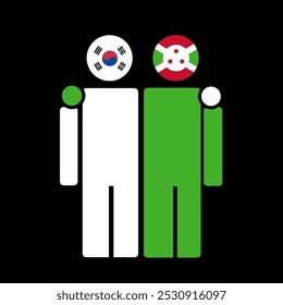The national flags of South Korea and Burundi with embracing body. Isolated vector illustration.