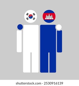 The national flags of South Korea and Cambodia with embracing body. Isolated vector illustration.