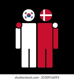 The national flags of South Korea and Denmark with embracing body. Isolated vector illustration.