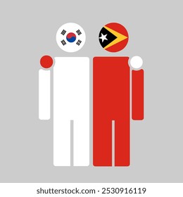 The national flags of South Korea and East Timor with embracing body. Isolated vector illustration.