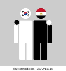 The national flags of South Korea and Egypt with embracing body. Isolated vector illustration.