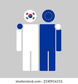 Die Nationalflaggen von Südkorea und der EU mit Umarmung Körper. Isolierte Vektorgrafik.