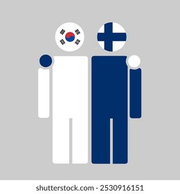 Las banderas nacionales de Corea del Sur y Finlandia con cuerpo abrazador. Ilustración vectorial aislada.