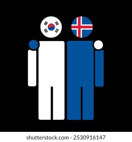 The national flags of South Korea and Iceland with embracing body. Isolated vector illustration.