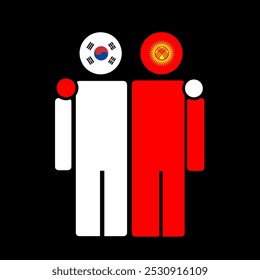 The national flags of South Korea and Kyrgyzstan with embracing body. Isolated vector illustration.