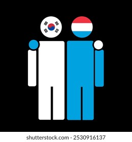 The national flags of South Korea and Luxembourg with embracing body. Isolated vector illustration.