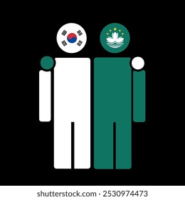 The national flags of South Korea and Macau China with embracing body. Isolated vector illustration.