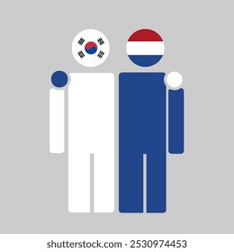 The national flags of South Korea and Netherlands with embracing body. Isolated vector illustration.