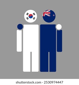 The national flags of South Korea and New Zealand with embracing body. Isolated vector illustration.