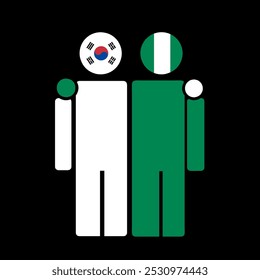 The national flags of South Korea and Nigeria with embracing body. Isolated vector illustration.