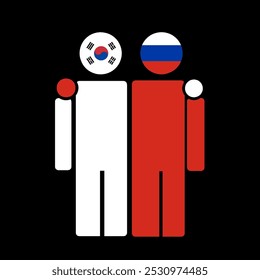 The national flags of South Korea and Russia with embracing body. Isolated vector illustration.